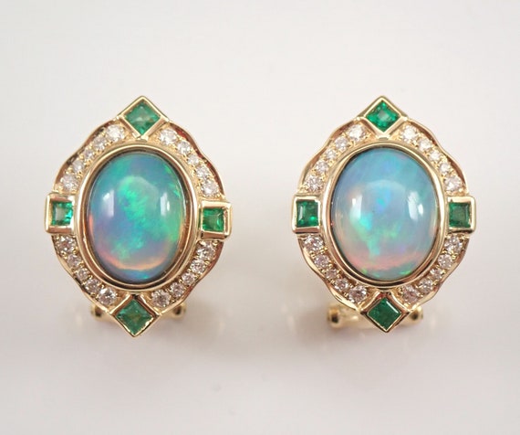 14K Yellow Gold Opal Earrings - Emerald and Diamond Halo Omega Clasps - Unique Gemstone Fine Jewelry Gift