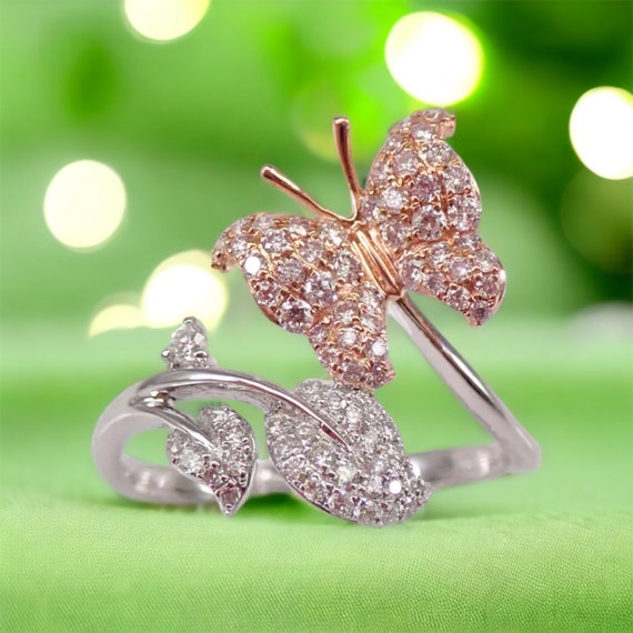 Natural Fancy Pink Diamond Butterfly Ring - 14K White and Rose Gold Crossover Fine Jewelry