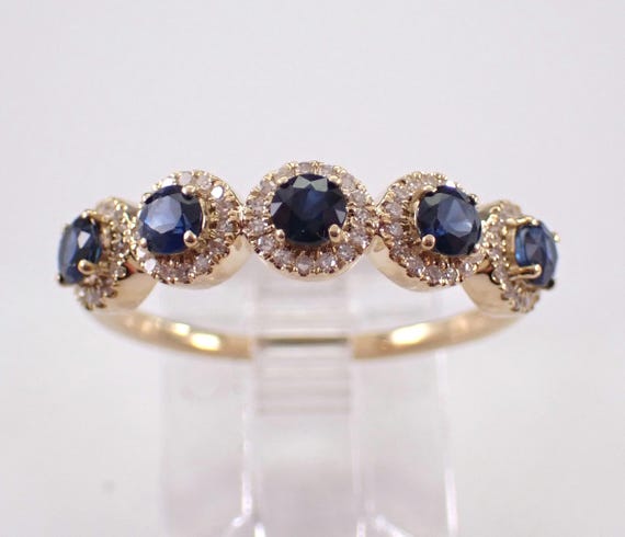 Sapphire and Diamond Wedding Ring - Yellow Gold Gemstone Halo Anniversary Band - Stackable Birthstone Jewelry Gift