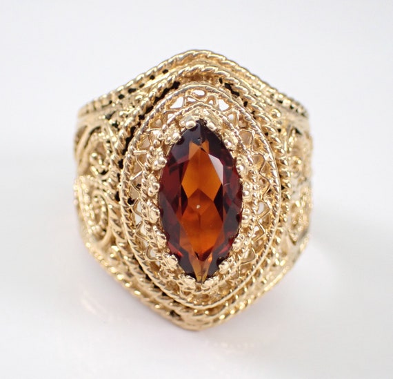 Antique Orange Citrine Solitaire Ring - 14k Yellow Gold Filigree Engagement Ring - November Gemstone Jewelry Gift