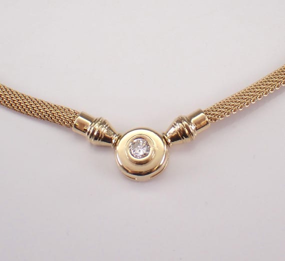 14K Yellow Gold Diamond Solitaire Necklace: Estate Omega Mesh Choker Pendant Chain