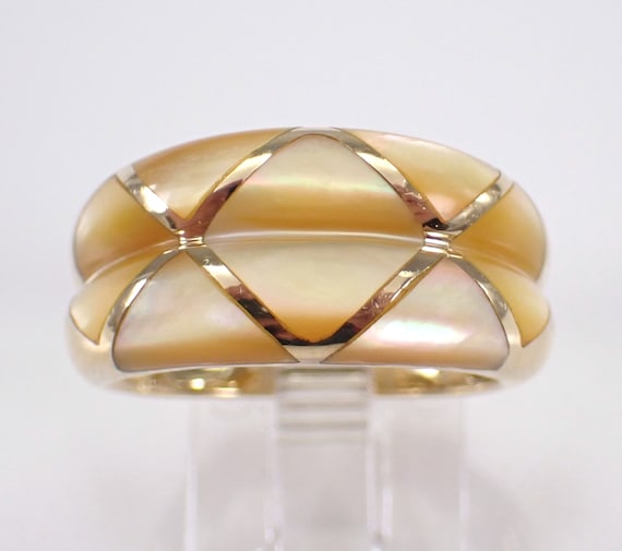 14K Yellow Gold Mother of Pearl Ring - Unique Golden Iridescent Anniversary Band - Estate Fine Jewelry Wedding Gift