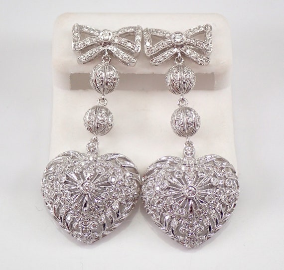 Platinum Diamond Earrings, One of A Kind Heart and Bow Dangle Earrings