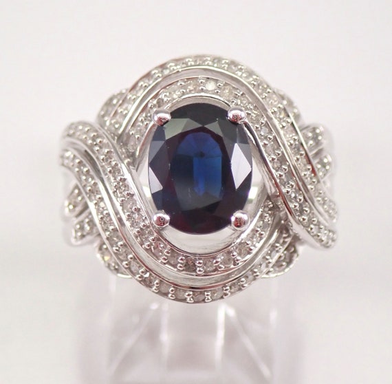 Large Sapphire Cocktail Ring - Solid White Gold Diamond Crossover Setting - Genuine Blue Gemstone Jewelry