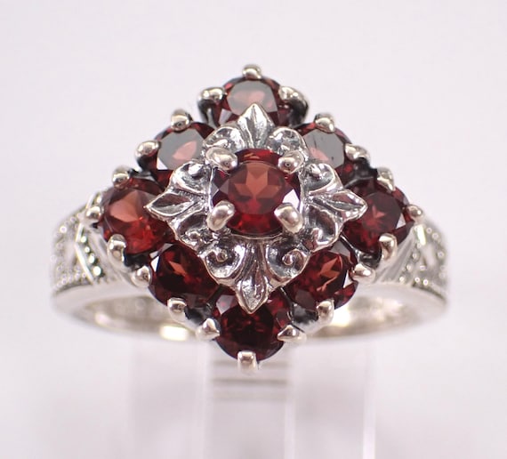Vintage Sterling Silver Garnet Ring - Gemstone Cluster Antique Band - Unique Fine Jewelry Gift