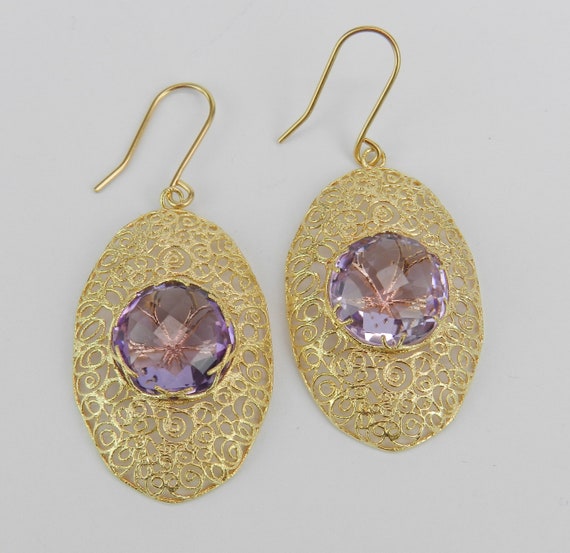 Genuine Amethyst Dangle Earrings, 14K Yellow Gold Filigree Scroll Setting, Rose de France Gemstone, Dainty Unique Jewelry Gift