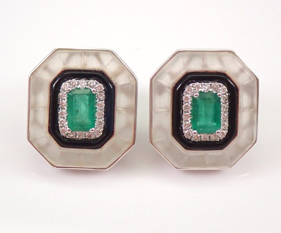 18K White Gold Emerald and Onyx Earrings - Frosted Quartz and Diamond Halo Setting - Unique Gemstone Fine Jewelry Gift