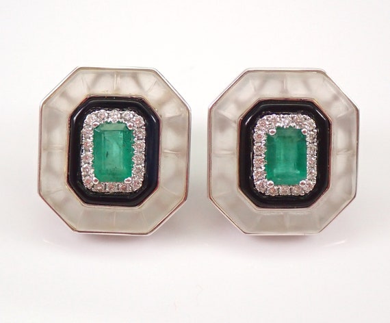 Genuine Emerald and Onyx Earrings - 18K White Gold Art Deco Style Jewelry - Frosted Quartz and Diamond Halo Setting