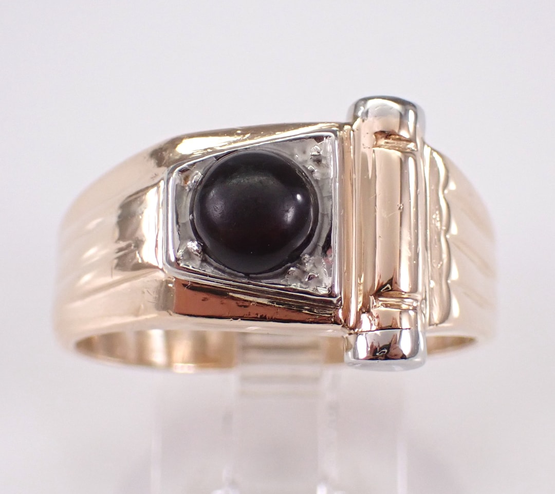 Vintage 14K Yellow Gold Onyx Ring - Estate Two Tone Solitaire Band ...