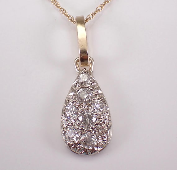 Vintage 14K Yellow Gold Diamond Necklace, Two Tone Cluster Charm Pendant, Estate Teardrop Choker Chain Jewelry