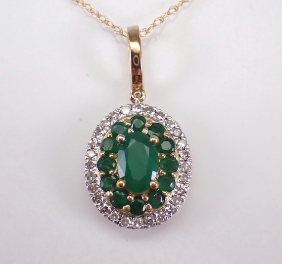 Yellow Gold Emerald Charm Pendant - Diamond Halo Necklace with Chain - Gemstone Cluster Jewelry Gift