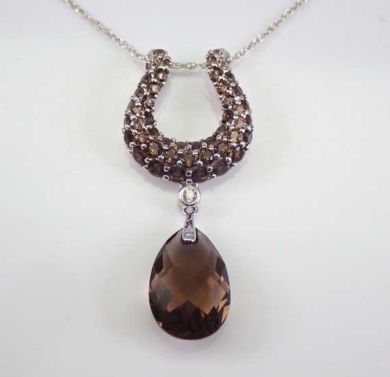 Smokey Topaz Briolette Necklace - Unique 14K White Gold Horseshoe Pendant - Good Luck Gemstone Jewelry