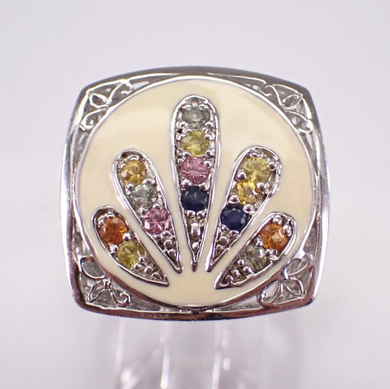 Multi Color Sapphire and Enamel Ring - Sterling Silver Unique Gemstone Band - Unique Cocktail Jewelry Gift
