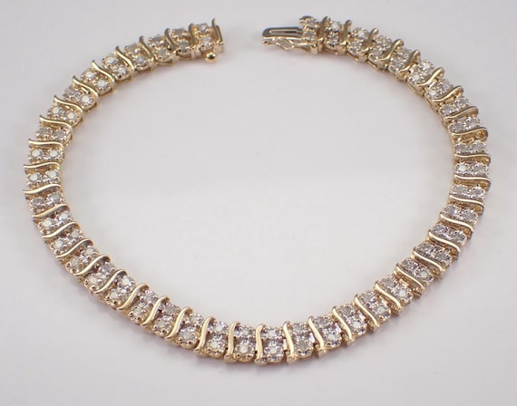 Vintage Diamond Tennis Bracelet - 14K Yellow Gold Estate Fine Jewelry - Unique Double Row Setting