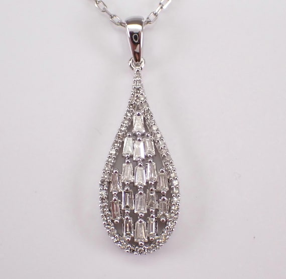 White Gold Baguette Diamond Pendant - Teardrop Dangle Charm Necklace - Bridal Fine Jewelry Choker Chain
