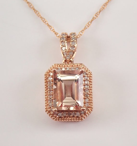 1.80 ct Emerald Cut Morganite and Diamond Halo Pendant Necklace Rose Gold 18" Chain