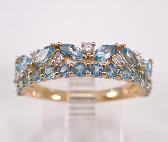 Yellow Gold Blue Topaz and Diamond Wedding Ring - Multi Row Stackable Anniversary Band - Birthstone Gemstone Fine Jewelry Gift
