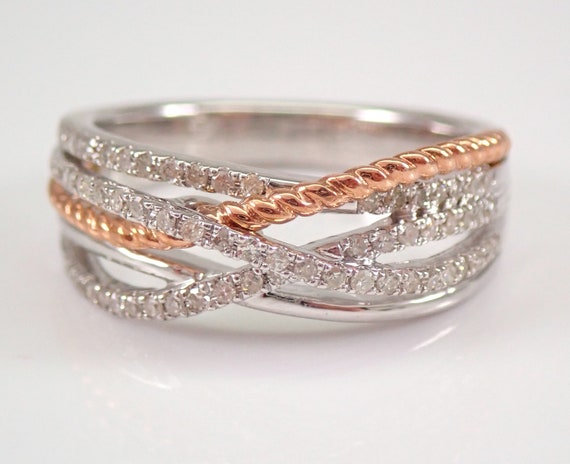 Genuine Diamond Multi Row Anniversary Ring - Two Tone Solid Gold Crossover Wedding Band - Unique Braided Fine Jewelry