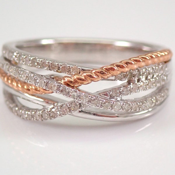 Genuine Diamond Multi Row Anniversary Ring - Two Tone Solid Gold Crossover Wedding Band - Unique Braided Fine Jewelry