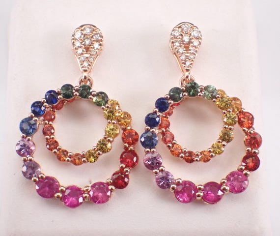 14K Rose Gold Multi Color Sapphire Earrings: Diamond and Gemstone Screwback Dangles