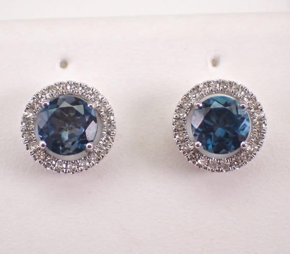 London Blue Topaz Stud Earrings: White Gold Diamond Halo Screwback Setting