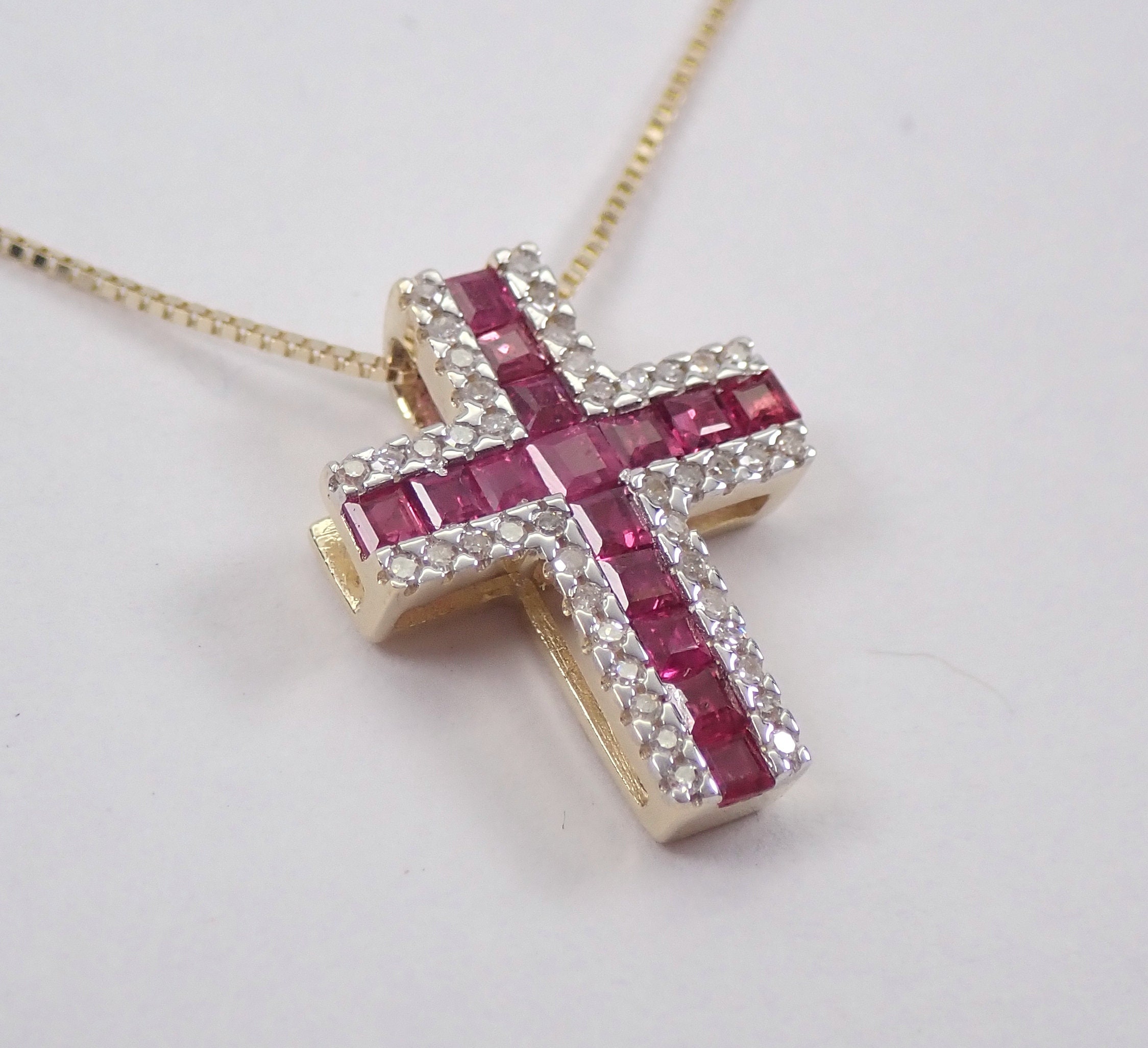 Diamond and Ruby Cross Pendant Necklace 18 Chain 14K Yellow Gold