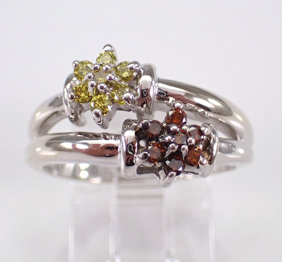 14K White Gold Diamond Flower Ring - Vintage Fancy Canary Yellow and Orange Jewelry Gift - Double Multi Row Cocktail Cluster