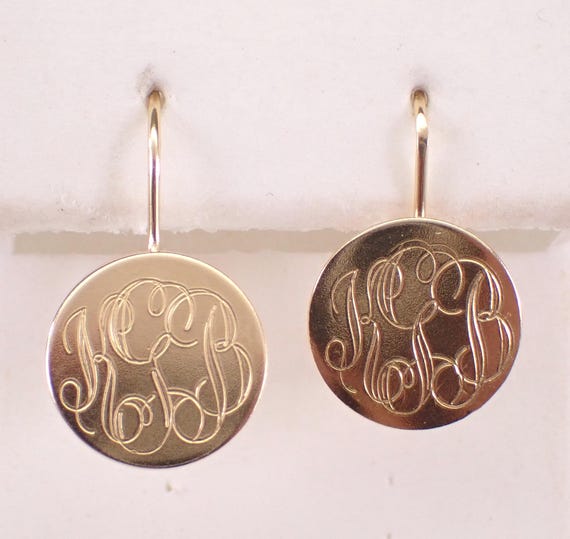 Vintage Estate 14K Yellow Gold Engraved Monogram Earrings on Kidney Wire Hook