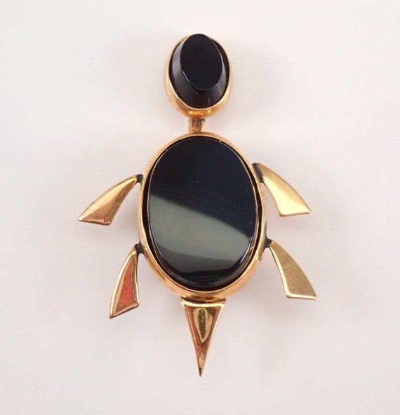 50s Vintage Onyx Turtle Brooch - 14K Yellow Gold Antique Tortoise Pin - Rare Fine Jewelry