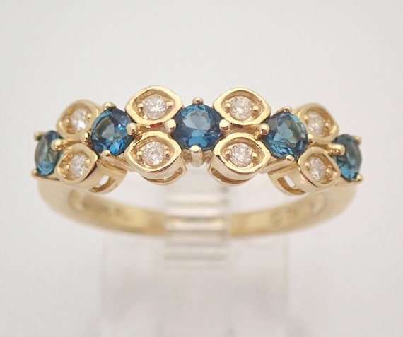 Blue Topaz and Diamond Ring - Yellow Gold Anniversary Band - Stackable Gemstone Jewelry