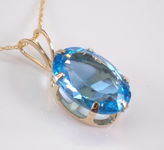 Vintage Blue Topaz Charm Necklace - 14K Yellow Gold Slide Pendant - Large Gemstone Choker Chain