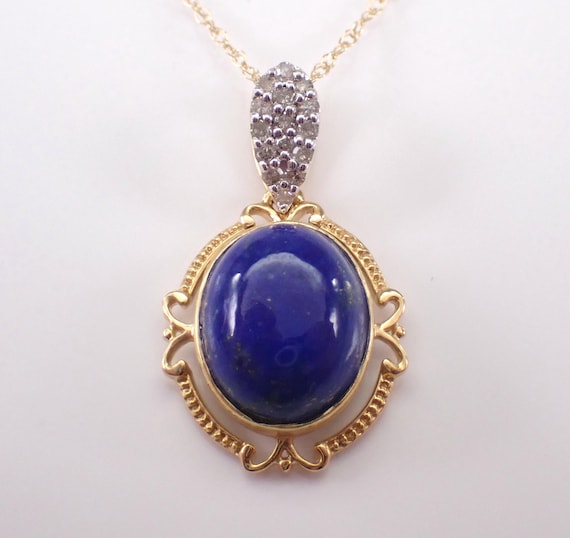 Lapis Lazuli and Diamond Pendant and Chain - Yellow Gold Gemstone Charm Necklace - Unique Blue Stone Fine Jewelry Gift