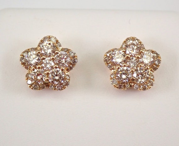 Genuine Diamond Flower Stud Earrings, 14K Gold Secure Screwback Clasp, Natural Sparkly Brilliant Gift