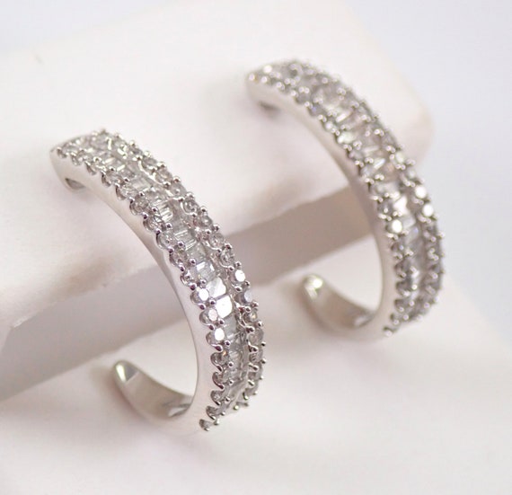 Genuine Diamond Half Hoop Earrings - Solid White Gold Diamond Hoops - Fine Jewelry Gift