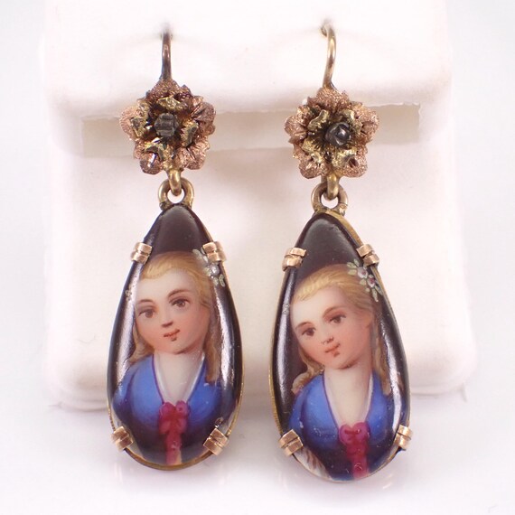 Antique Hand Painted Earrings - Victorian 14K Yellow Gold Dangle Drops - Portrait and Flower Jewelry Gift