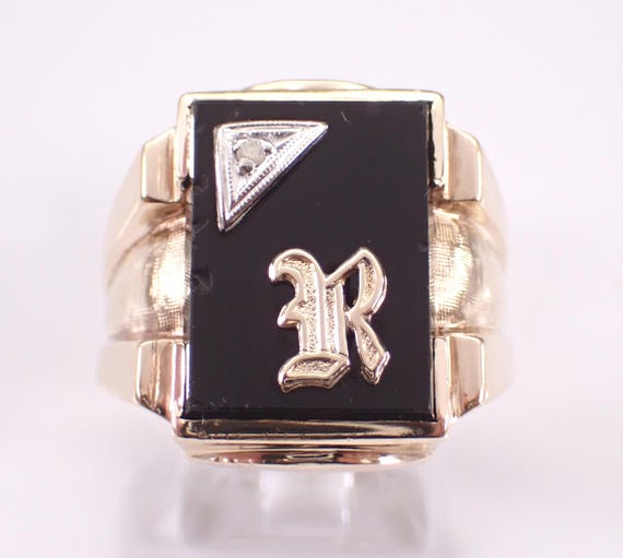 Vintage 14K Yellow Gold Initial Ring - Antique Onyx and Diamond Band - Mens Estate Fine Jewelry Gift