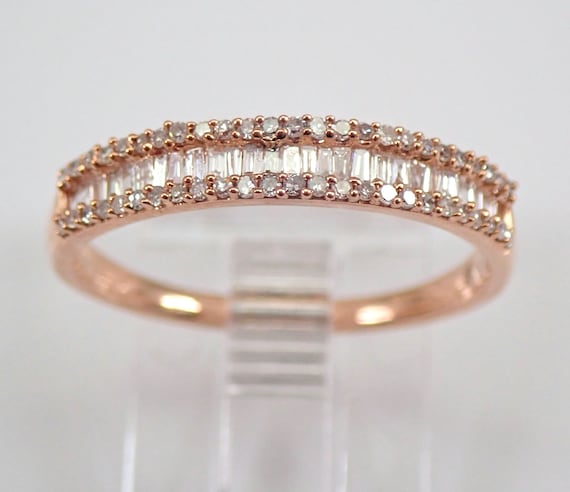 Round and Baguette Diamond Wedding Ring - Rose Gold Anniversary Band - Dainty Bridal Fine Jewelry Gift