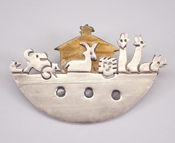 Vintage Sterling Silver Noah's Ark Brooch Pin: Unique Two Tone Animal Pendant