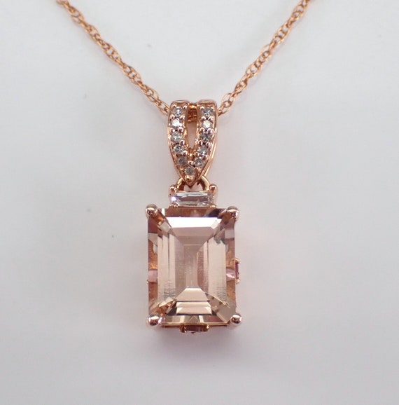 Emerald Cut Morganite and Diamond Pendant and Chain - Solid Rose Gold Gemstone Drop Necklace - Dainty Pink Fine Jewelry Gift