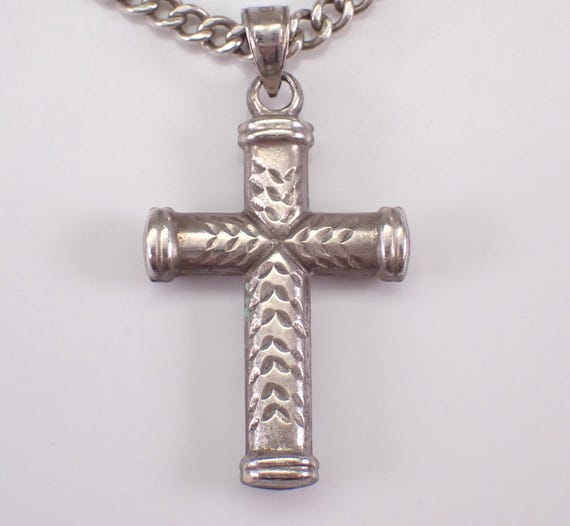 Vintage Sterling Silver Cross Pendant Necklace: Religious Reversible Long Chain