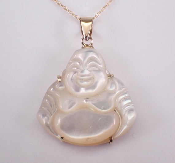 14K Yellow Gold Buddha Pendant and Chain - Asian Carved Mother of Pearl Charm Necklace - Unique Good Luck Jewelry Gift