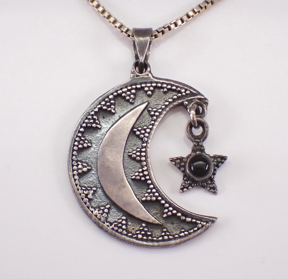 Sterling Silver Crescent Moon and Star Necklace: Vintage Onyx Dangle Pendant Charm and Chain