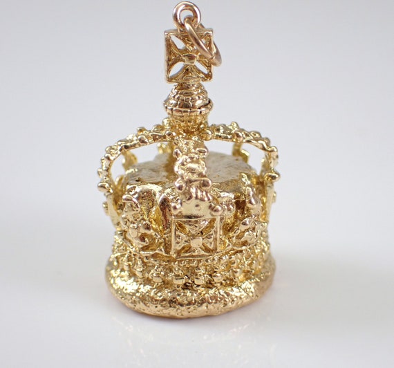 Vintage Solid 14K Yellow Gold Crown Charm, Estate Royal Coronation Pendant for Charm Bracelet or Necklace