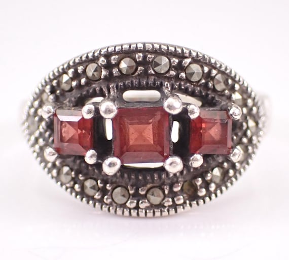 Vintage Sterling Silver Garnet Ring - Gemstone Cluster Antique Band - Unique Fine Jewelry Gift