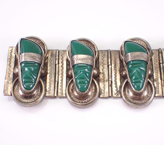 Vintage Sterling Silver Green Onyx Bracelet, Antique Carved Face Mask Mayan Warrior Link