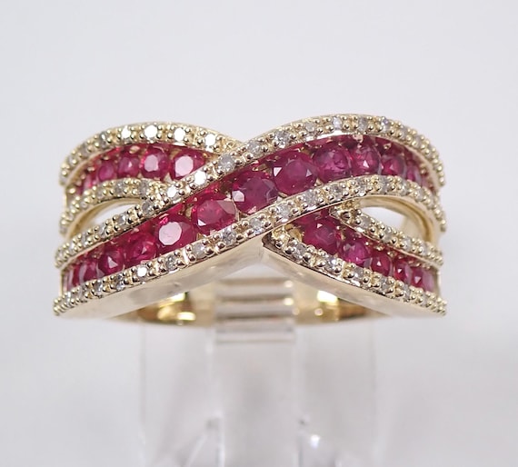 Ruby and Diamond Wedding Ring - 14K Yellow Gold Stackable Anniversary Band - Gemstone Bridal Fine Jewelry Gift