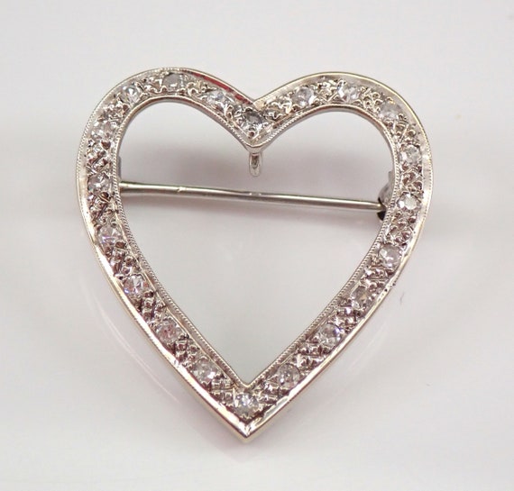 Antique 14K White Gold Diamond Brooch - Open Heart Filigree Charm Pendant - GalaxyGems Vintage Fine Jewelry