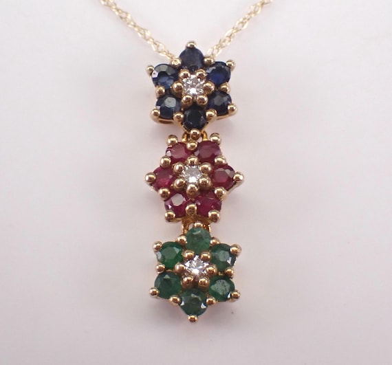 Yellow Gold Diamond Flower Pendant and Chain: Sapphire Ruby Emerald Charm Necklace