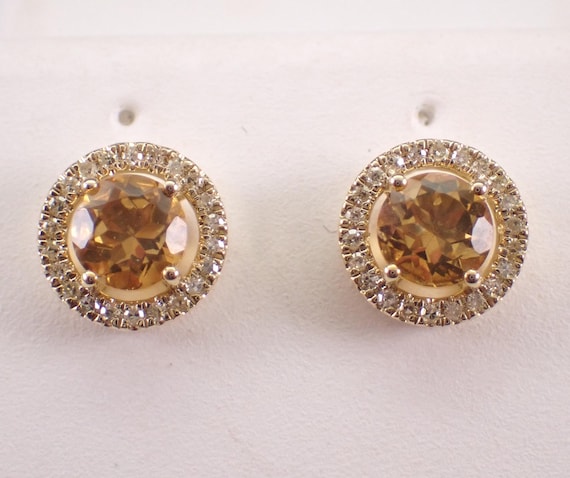 Yellow Gold Citrine and Diamond Stud Earrings: Simple Dainty Gemstone Halo Setting