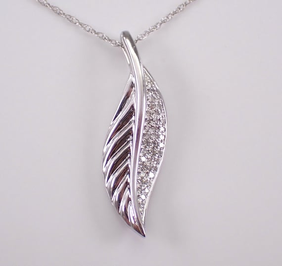 Diamond Leaf Pendant and Chain, Unique White Gold Choker Charm Necklace, Symbolic Feather Jewelry Gift